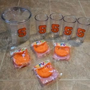 Syracuse ice bucket w/ tongs 4 tumblers and lids